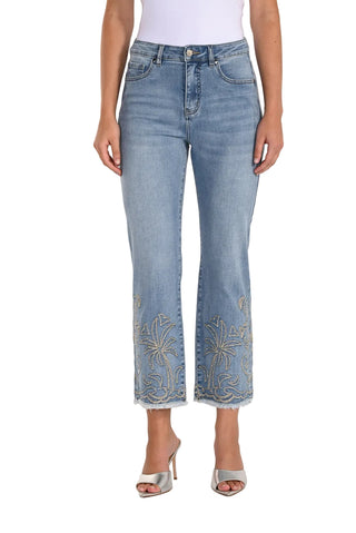 Light blue jeans with decorative hem on a white background