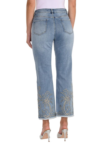 Light blue jeans with palm tree embroidery on a white background