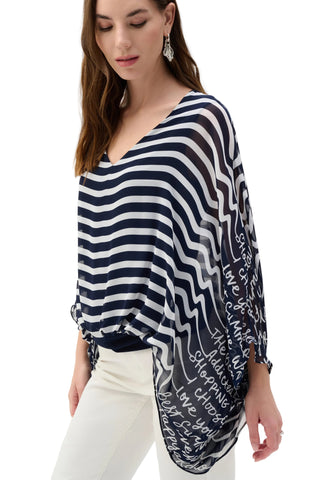 Woman wearing a navy and white striped shirt with text on a white background