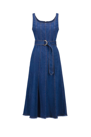 Blue denim dress with a belt on a white background