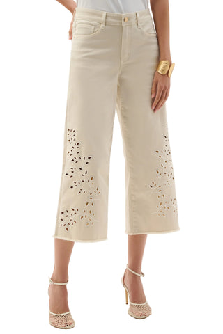 Beige wide-leg pants with cut-out details on a white background