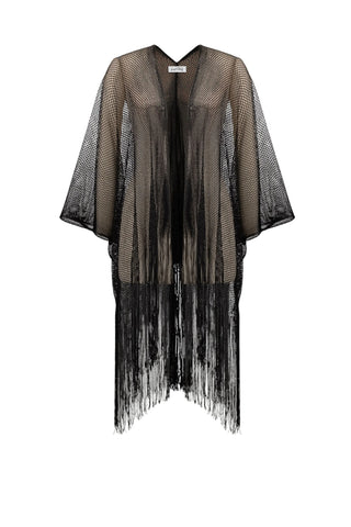 Black mesh kimono with fringe details on a white background