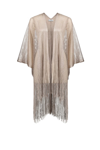 Beige fringe kimono on a white background