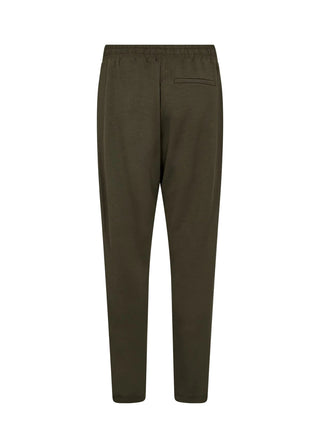 A pair of dark olive green trousers shown from the back, featuring an elastic waistband and a welt pocket on the right side, set against a plain white background.