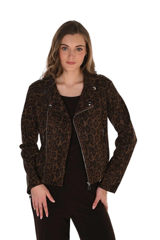 Woman wearing a leopard print jacket on a white background
