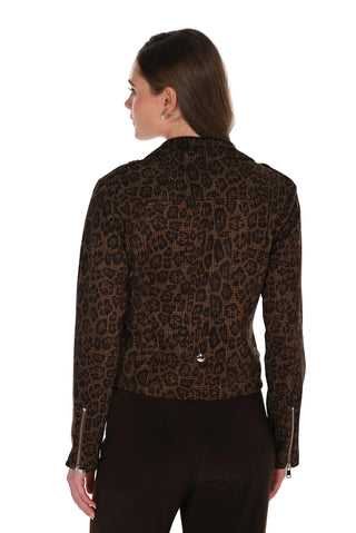 A woman shown from the back wearing a cropped brown and black leopard-print jacket with silver zipper details on the sleeves, paired with black pants, against a plain white background.