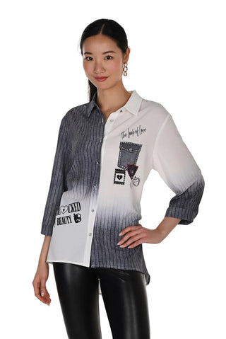 Woman wearing a stylish shirt with text and graphics on a white background
