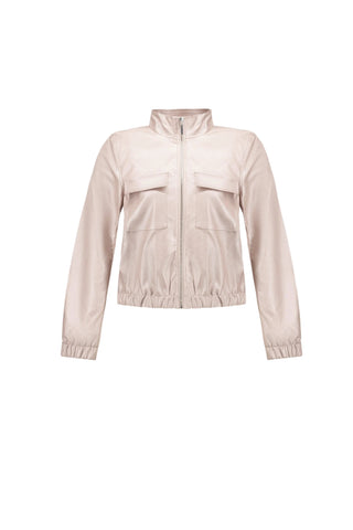 A light pink lightweight zip-up jacket with a stand collar, elastic cuffs, and two front flap pockets, shown on a plain light gray background.