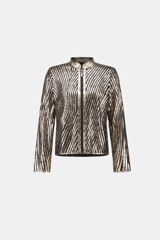 A metallic zip-up jacket with a high collar, featuring a textured vertical stripe pattern in silver and gold, shown against a plain light gray background.