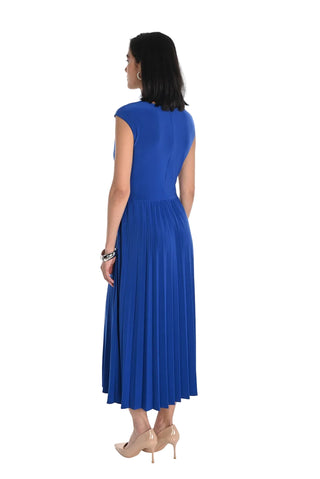 Woman wearing a blue dress on a white background