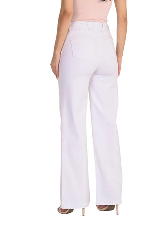White pants worn by a person on a white background