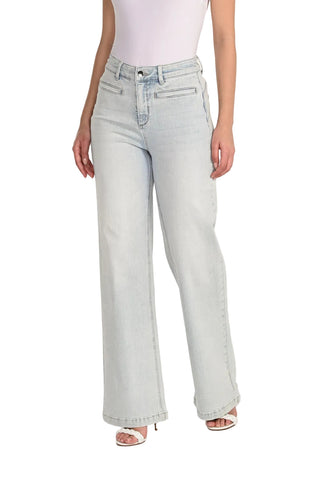 Light blue jeans worn by a person on a white background