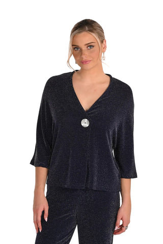 Woman wearing a dark blue top with a button detail on a white background