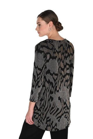 A woman shown from the back wearing a three-quarter sleeve tunic top with a black and gray abstract animal-like pattern, paired with black pants, against a plain white background.