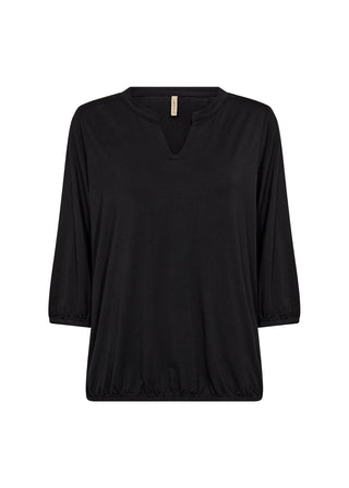 Black blouse with a V-neck and three-quarter sleeves on a white background