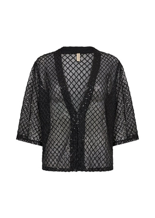 Black fishnet kimono-style top on a white background