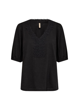 Black blouse with lace detailing on a white background