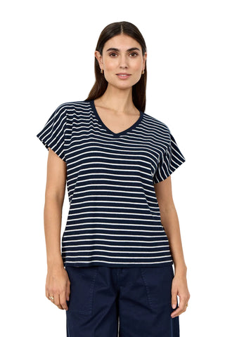 Woman wearing a navy and white striped t-shirt against a white background