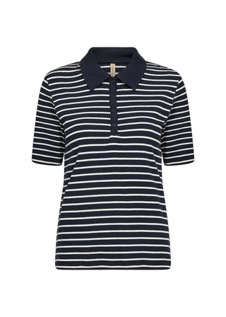 Navy and white striped polo shirt with a collar on a white background