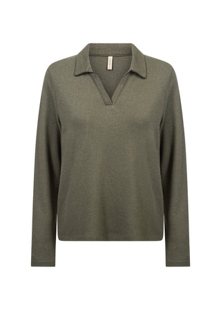 An olive green long-sleeve knit polo sweater displayed on a clean white background.
