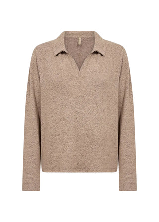A long-sleeve knit polo-style sweater in a heathered taupe-beige color, shown against a plain white background.