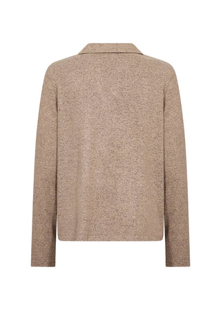 A light brown knit cardigan sweater shown from the back, featuring a collar and long sleeves, on a solid white background.