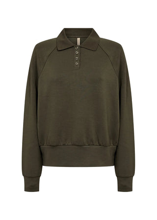An olive green long-sleeve polo sweatshirt with a buttoned collar, displayed on a clean white background.