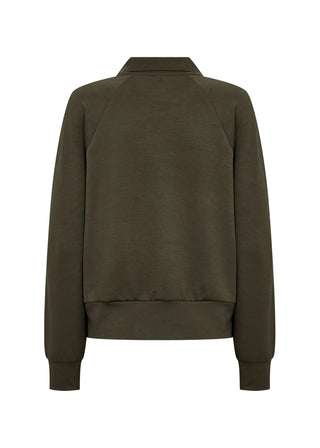 An olive green long-sleeve sweatshirt shown from the back, featuring a collar, raglan sleeves, and ribbed cuffs and hem, displayed on a clean white background.