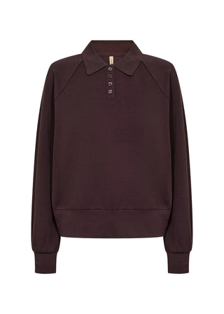 A dark brown long-sleeve polo sweatshirt with a three-button placket, displayed on a clean white background.