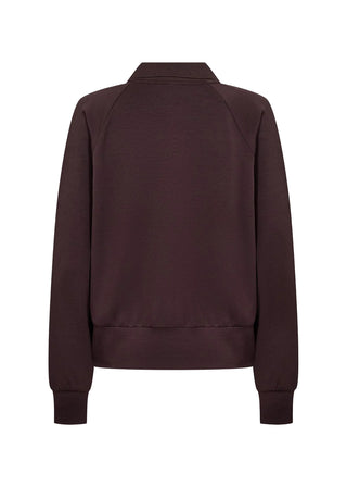 A dark plum-colored long-sleeve sweatshirt shown from the back, featuring a high ribbed collar, raglan sleeves, and ribbed cuffs and hem, displayed on a clean white background.