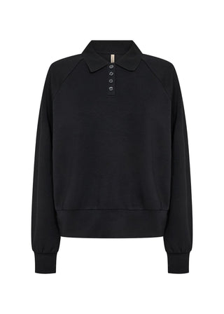 A black long-sleeve polo sweatshirt with a three-button placket, displayed on a clean white background.