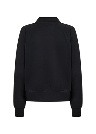A black long-sleeve crewneck jacket shown from the back, photographed on a clean white background.