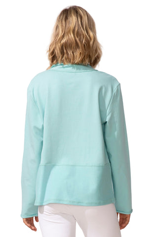 Light blue jacket worn by a person on a white background