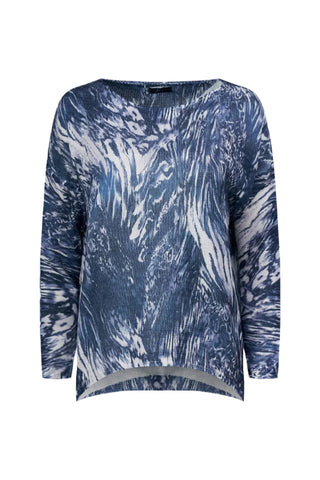 Blue and white patterned long-sleeve top on a white background