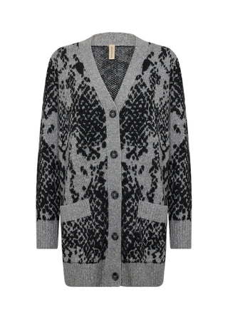 Gray cardigan with black leopard print pattern on a white background