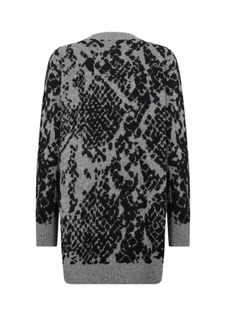 Gray cardigan with black pattern on a white background