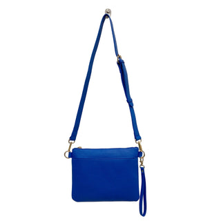 Blue crossbody bag with a strap on a white background