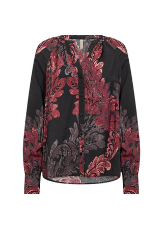 Black long-sleeve top with red floral pattern on a white background