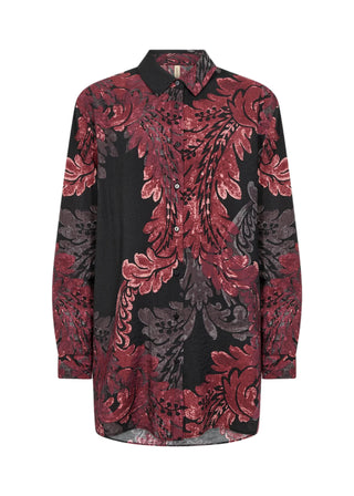 Red and black floral patterned shirt on a white background