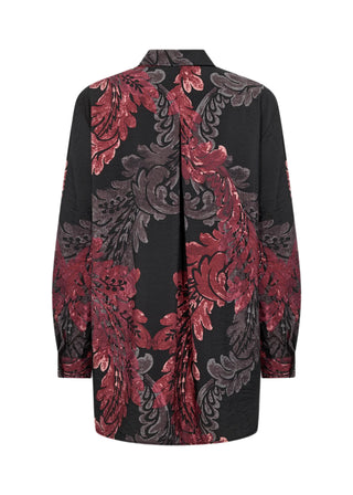 Black coat with red and gray floral pattern on a white background