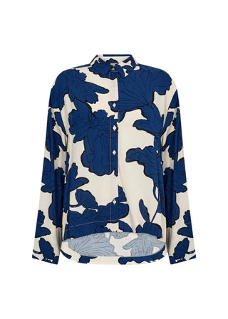 Blue floral patterned shirt on a white background