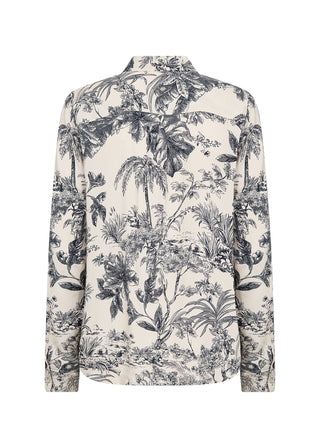 Long-sleeve shirt with tropical palm tree pattern on a white background