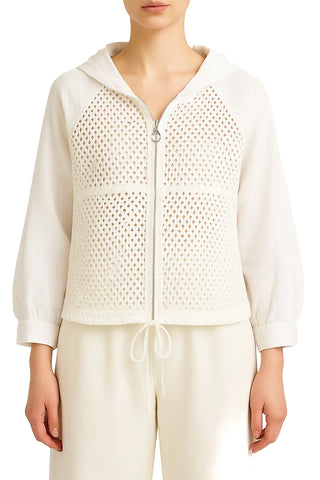 White zip-up hoodie with mesh design worn by a person on a white background