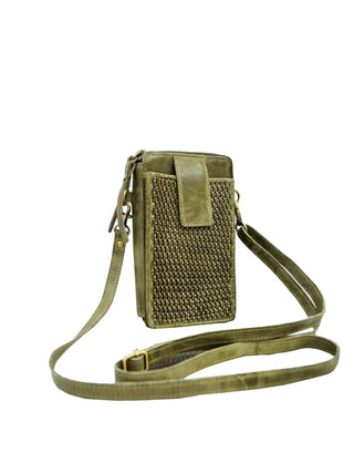 Green crossbody bag with textured pattern on a white background