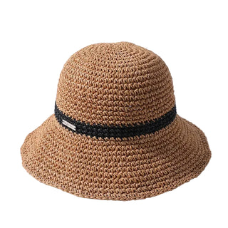 Brown straw hat with a black band on a light gray background
