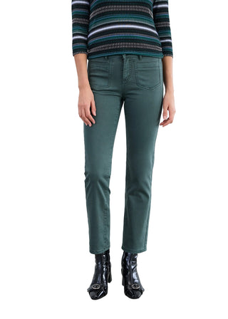 Person wearing green pants and a striped sweater against a white background