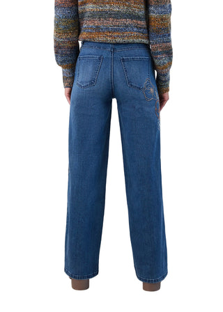 Person wearing blue jeans and a patterned sweater against a white background