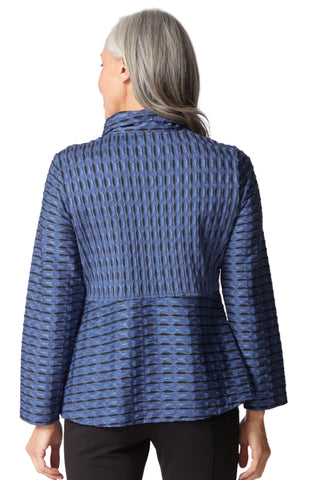 Person wearing a blue patterned jacket on a white background