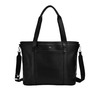 Black leather tote bag with shoulder strap on a white background