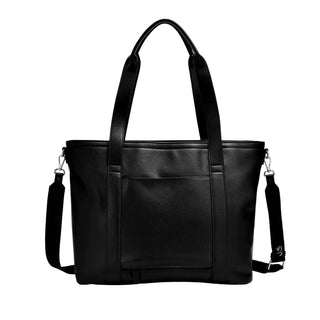 Black leather handbag with shoulder strap on a white background